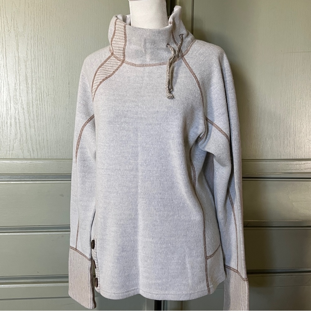 PRANA Lucia Sweater Natural Herringbone Mock Neck Drawstring Neck Tie XL